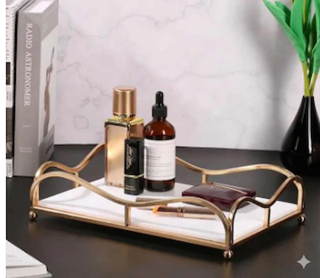 Luxury Gold Vanity Tray with Acrylic Base – Mirror-Finish Single-Tier Makeup, Perfume & Skincare Organizer