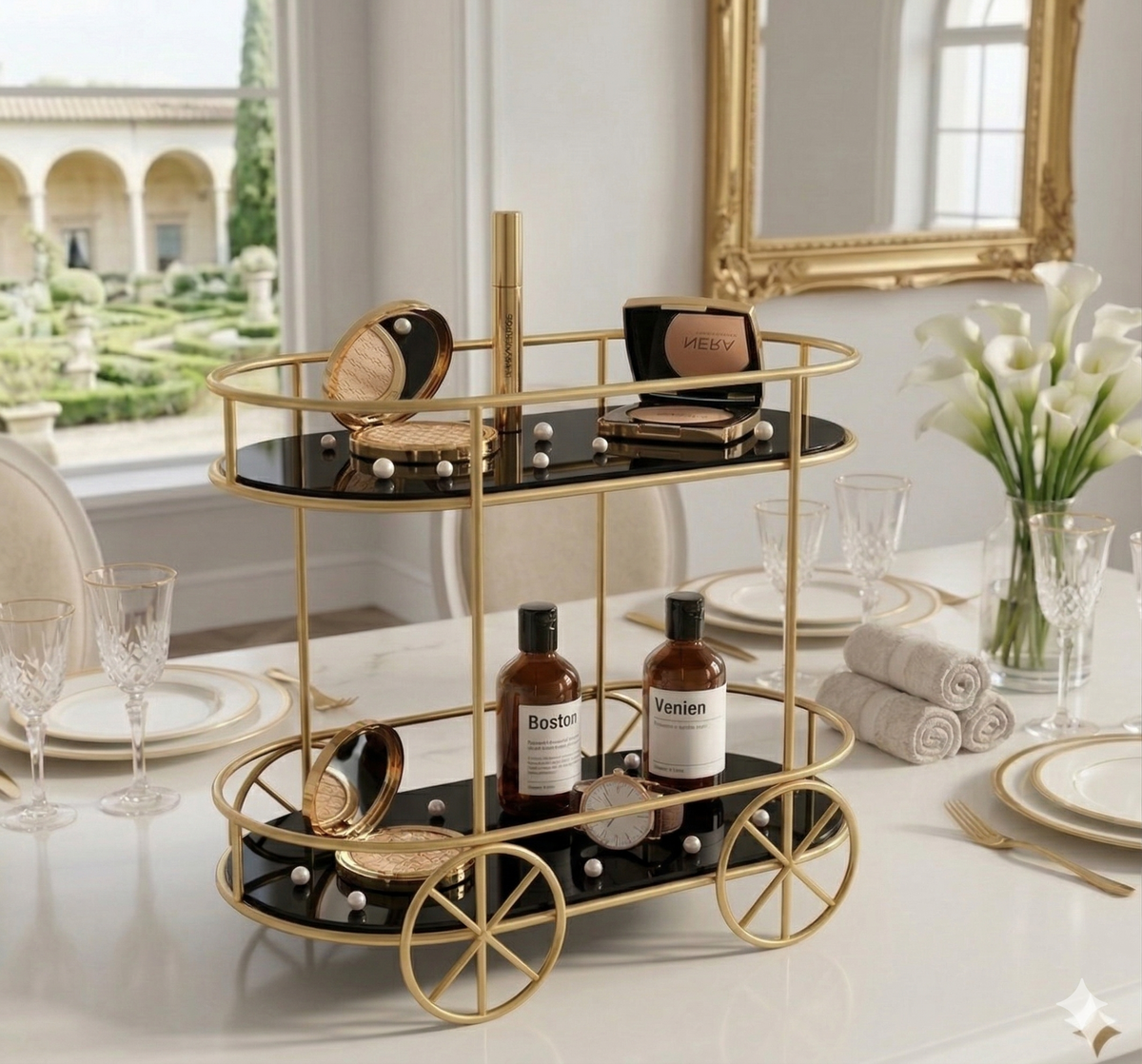 2-Tier Trolley Shape Golden Rack – Cake Stand, Pastry Stand & Cosmetic Organizer
