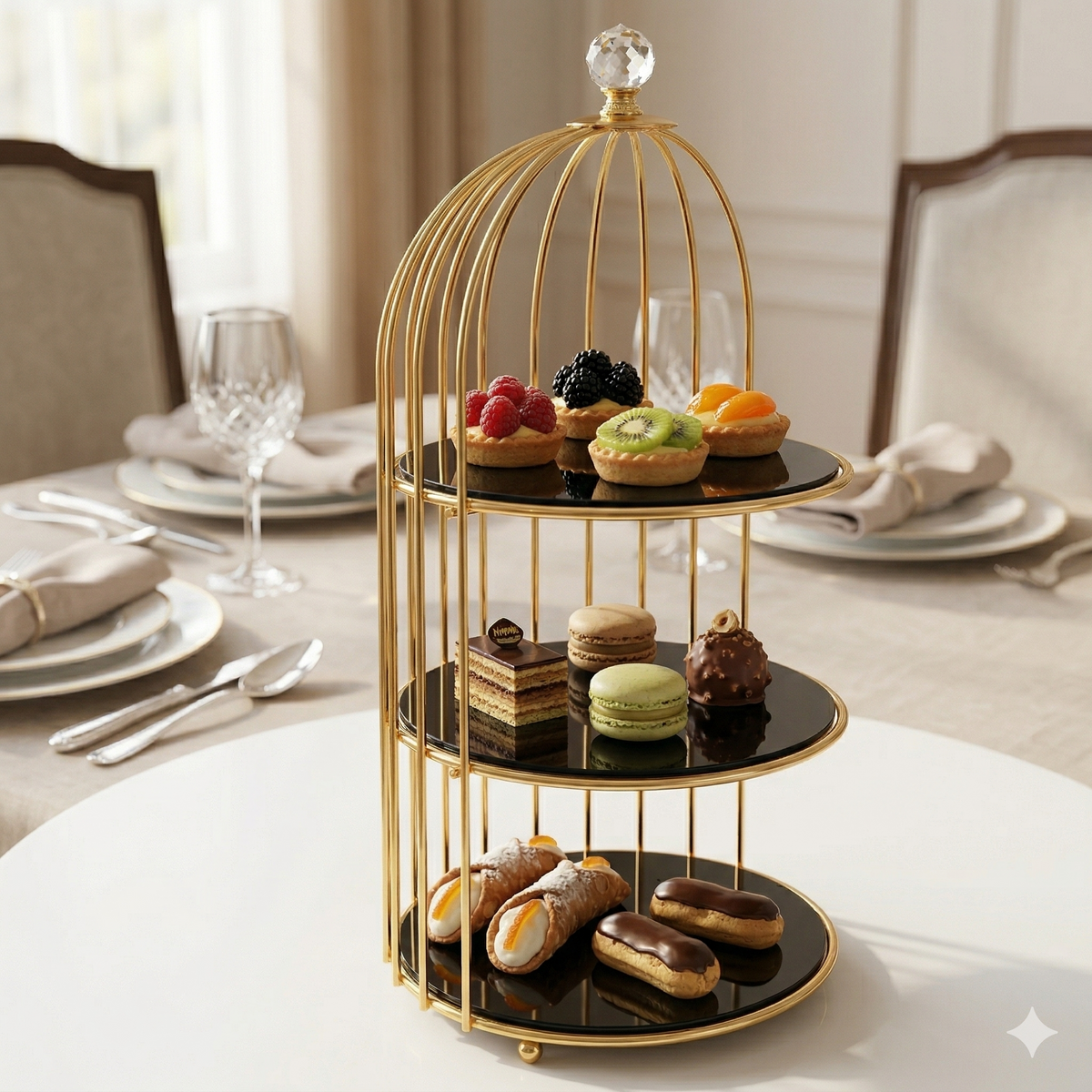 singel tier Luxury Golden Birdcage Cosmetic Organizer – Premium Metal Makeup & Perfume Display Stand with White Marble Acrylic Base
