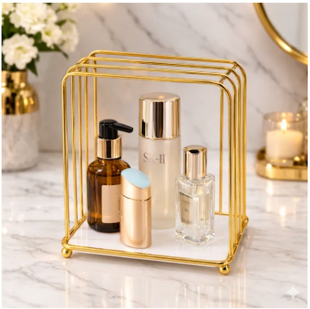 Metal Makeup Organizer Storage Rack – Minimalist Wire Grid Vanity Stand for Cosmetics & Skincare