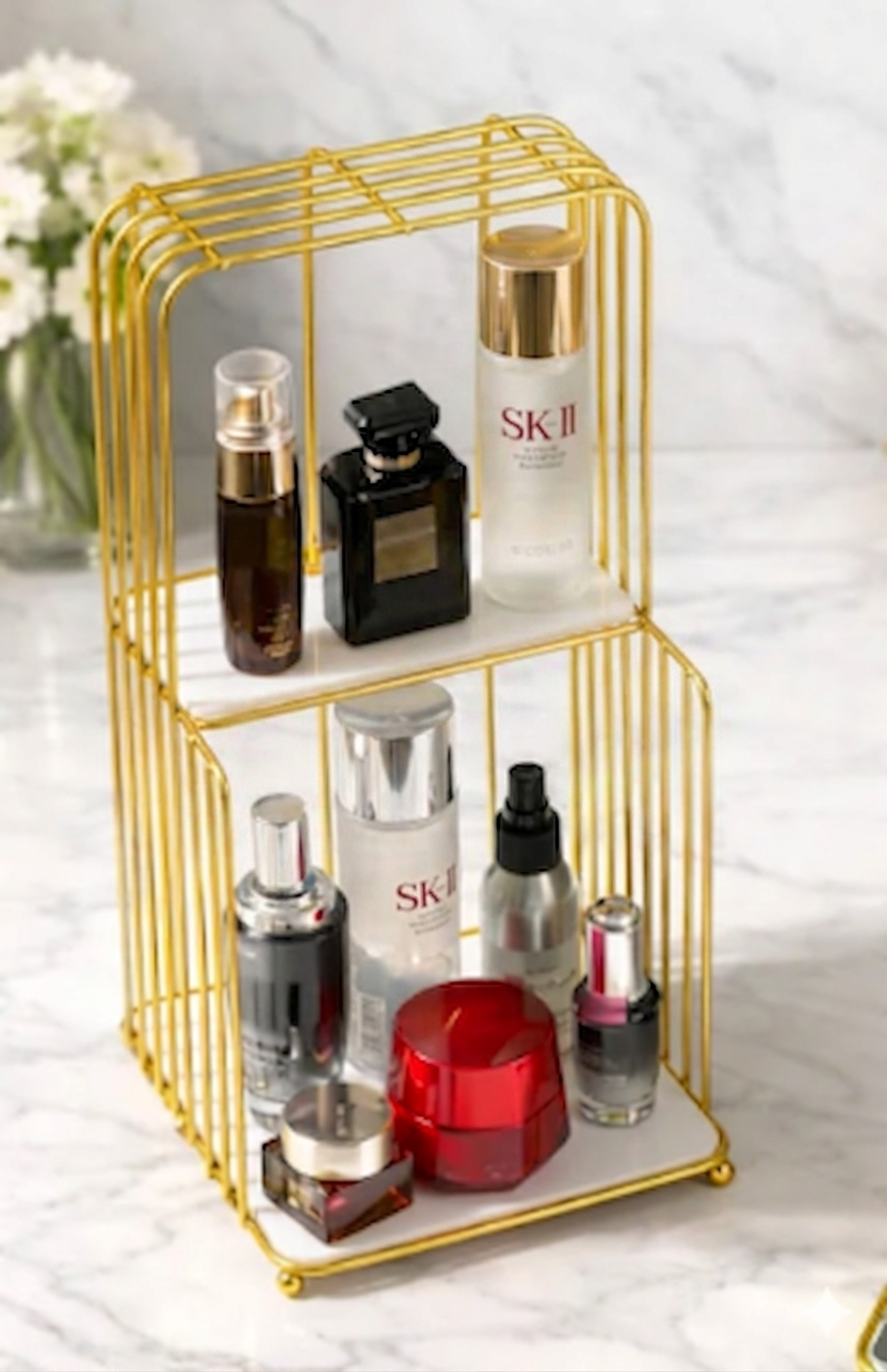 Luxury Gold Metal Skincare & Cosmetic Organizer – 2-Tier Birdcage Style Makeup Vanity Shelf