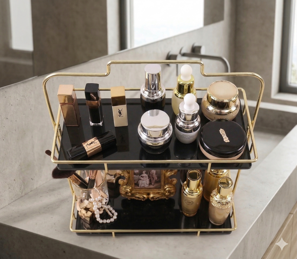 2-Tier Golden Vanity Rack – Elegant Makeup & Skincare Organizer :