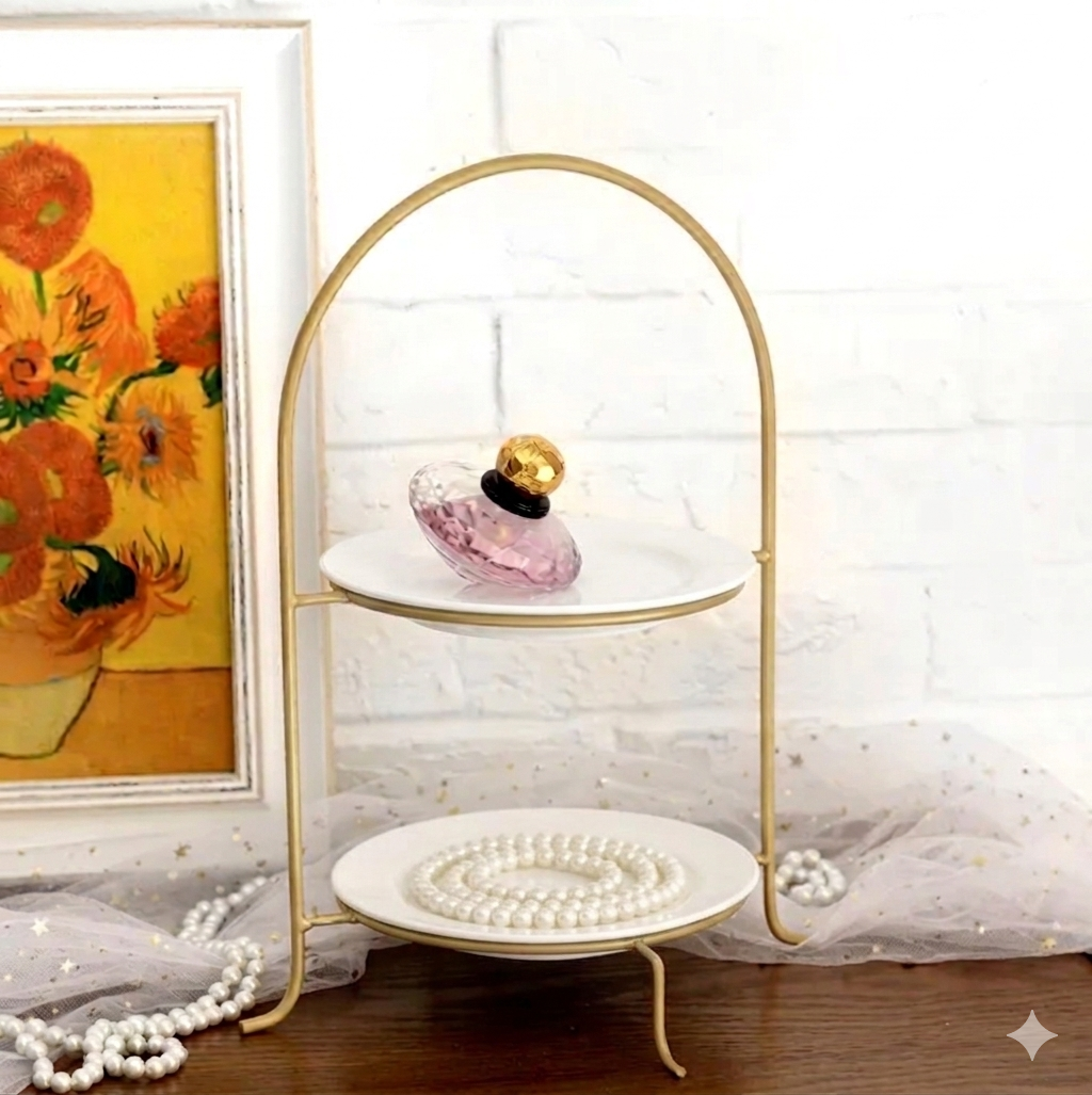 Luxury 2-Tier Gold Arch Serving Stand – Elegant Metal Dessert Platter & High Tea Buffet Rack
