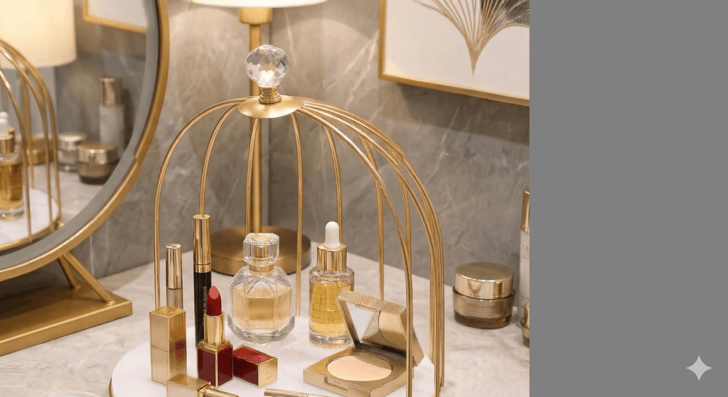 2tier Luxury Golden Birdcage Cosmetic Organizer – Premium Metal Makeup & Perfume Display Stand with White Marble Acrylic Base
