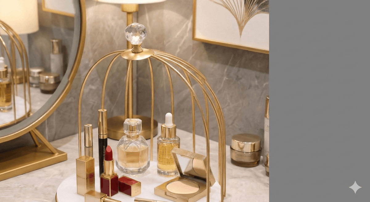 2tier Luxury Golden Birdcage Cosmetic Organizer – Premium Metal Makeup & Perfume Display Stand with White Marble Acrylic Base