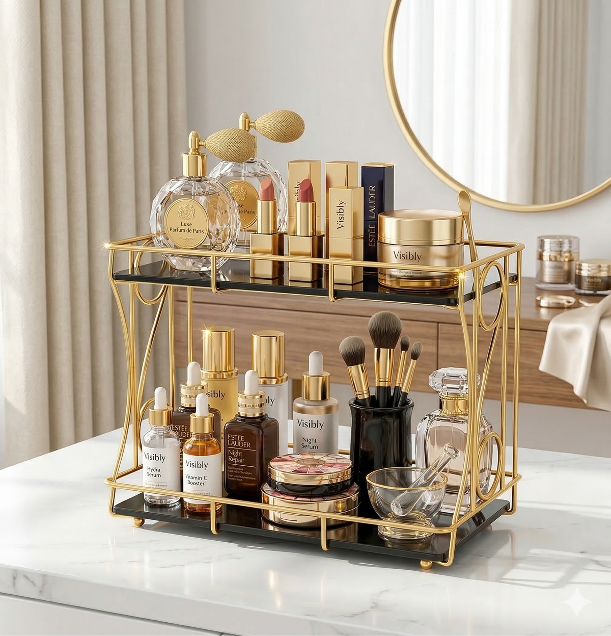 Luxury 2-Tier Rectangular Vanity Rack – Shiny Gold Frame with Side Spiral Design – Premium Black Marble Base Organizer