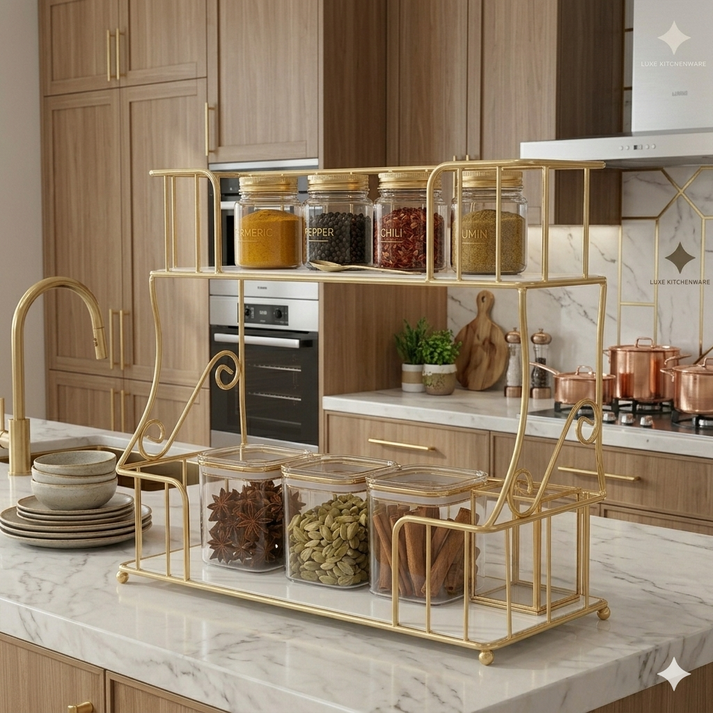 Premium 2-Tier Golden Cosmetic Organizer – Luxury Dressing Table Storage Rack with White Acrylic Base