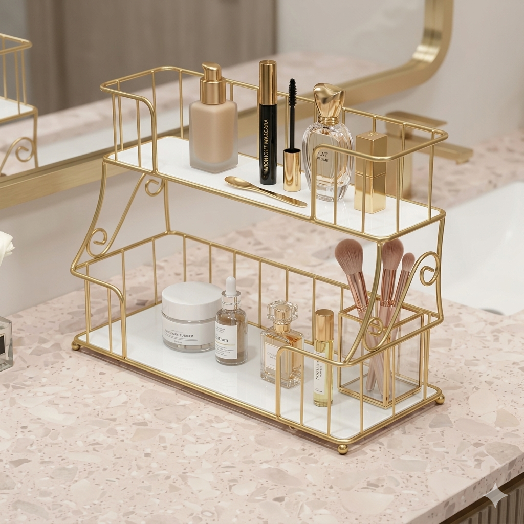 Premium 2-Tier Golden Cosmetic Organizer – Luxury Dressing Table Storage Rack with White Acrylic Base