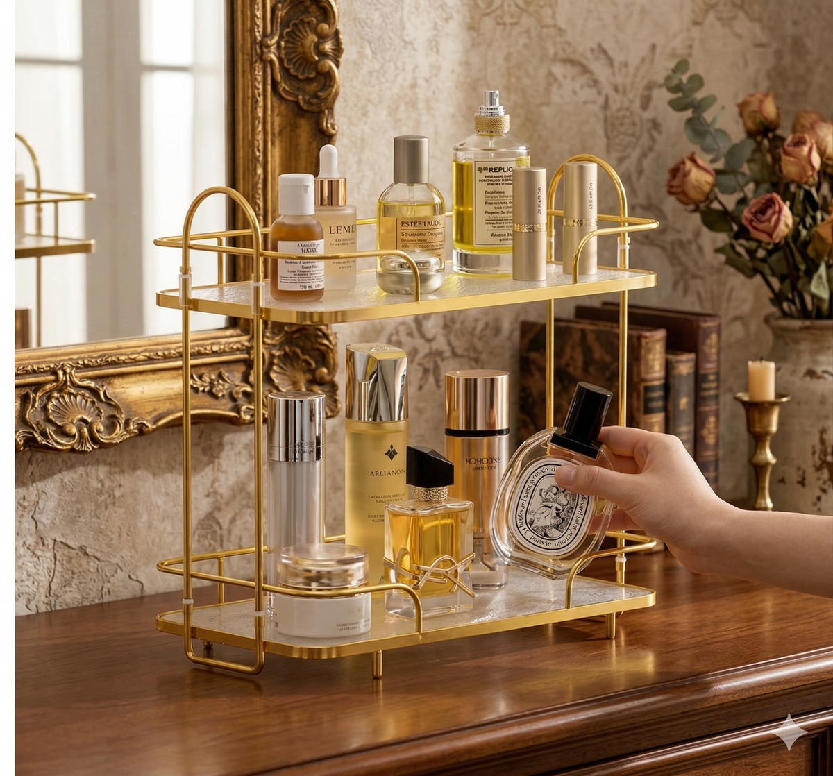 2-Tier Golden Rectangular Organizer | Premium Multi-Purpose Rack for Cosmetics, Perfumes & Dining Table Display (Rust-Proof & Stylish)