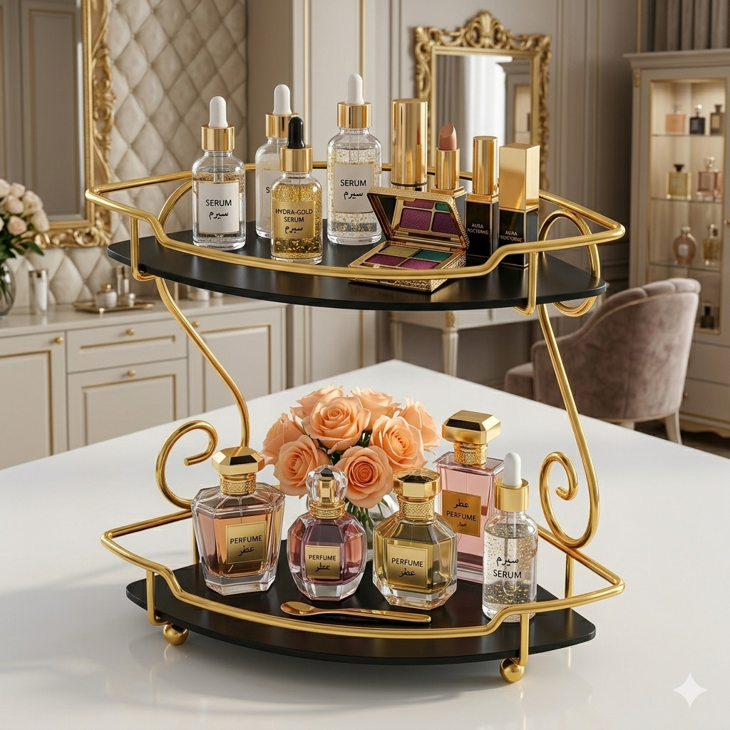 Luxury Single-Tier Gold Corner Display Shelf – Makeup & Perfume Storage Tray with Marble Base