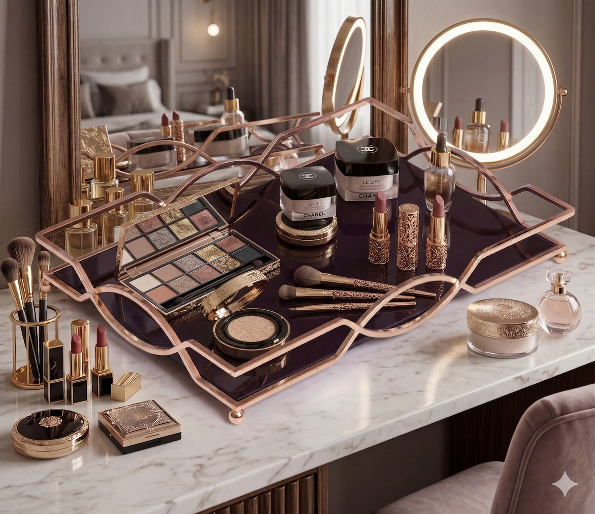 Luxury Gold Vanity Tray with – Elegant Makeup, Perfume & Jewelry Organizer for Dressing Table