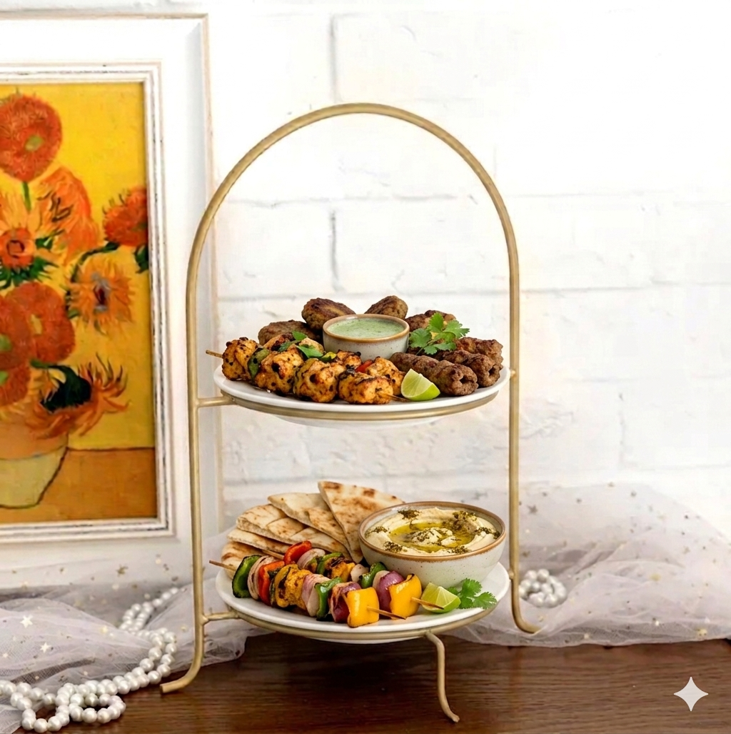 Luxury 2-Tier Gold Arch Serving Stand – Elegant Metal Dessert Platter & High Tea Buffet Rack