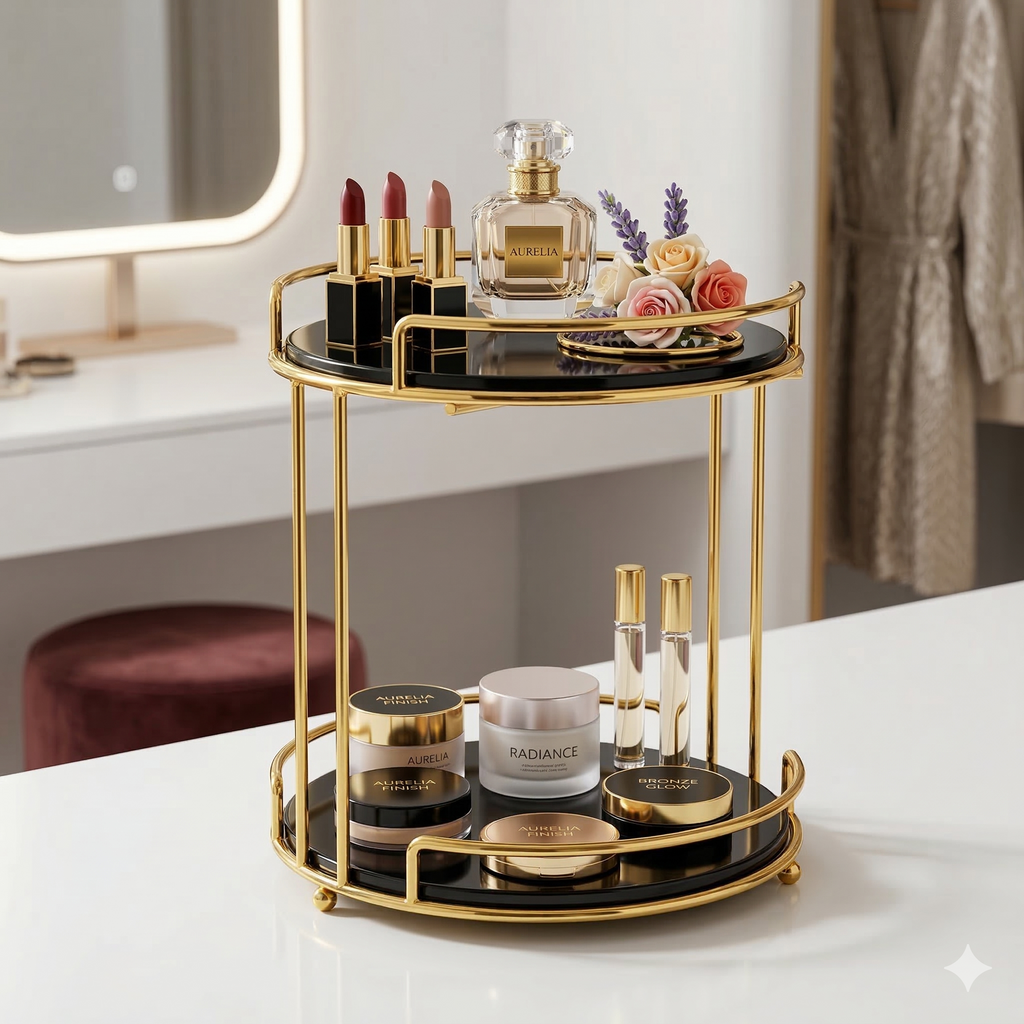 Jewelry Tray Double-Deck Cosmetics Storage Tray – Gold Metal Organizer for Rings, Necklaces & Beauty Products