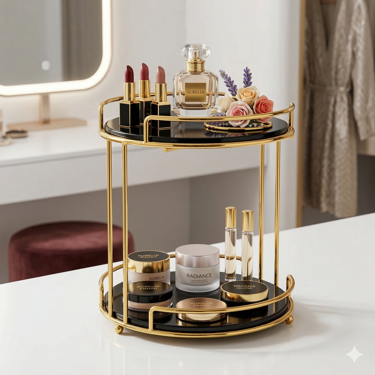 Jewelry Tray Double-Deck Cosmetics Storage Tray – Gold Metal Organizer for Rings, Necklaces & Beauty Products