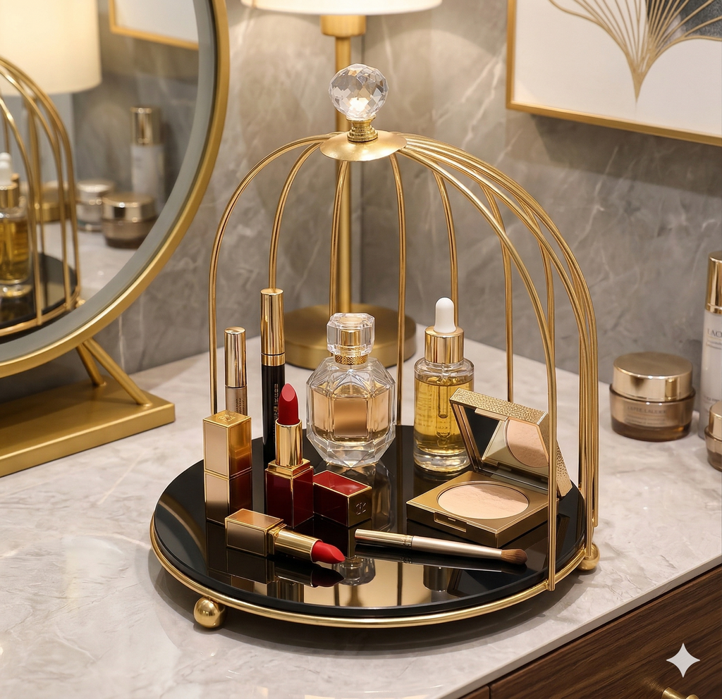 2tier Luxury Golden Birdcage Cosmetic Organizer – Premium Metal Makeup & Perfume Display Stand with White Marble Acrylic Base