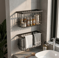 Set of 2 Wall-Mounted Black Metal Wire Storage Baskets – Multipurpose Home & Kitchen Organizer Rack – Rust-Proof Bathroom Caddy