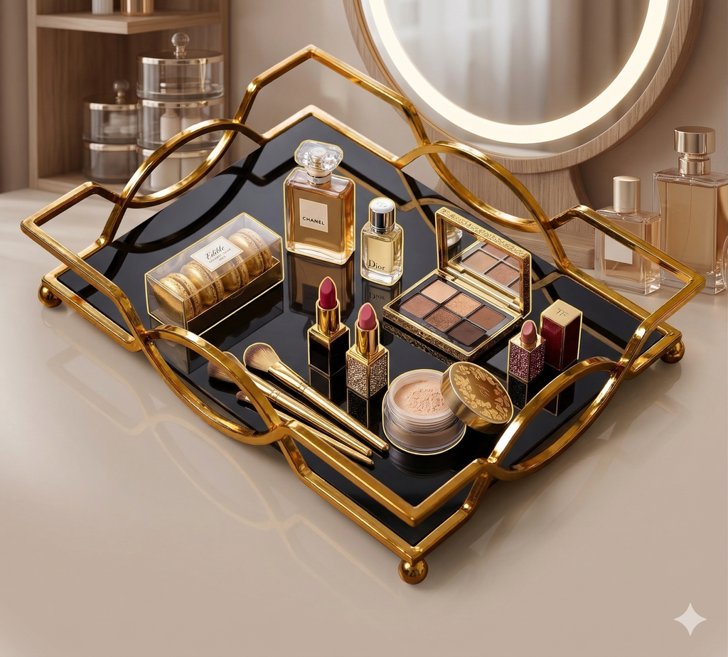 Luxury Gold Vanity Tray with – Elegant Makeup, Perfume & Jewelry Organizer for Dressing Table