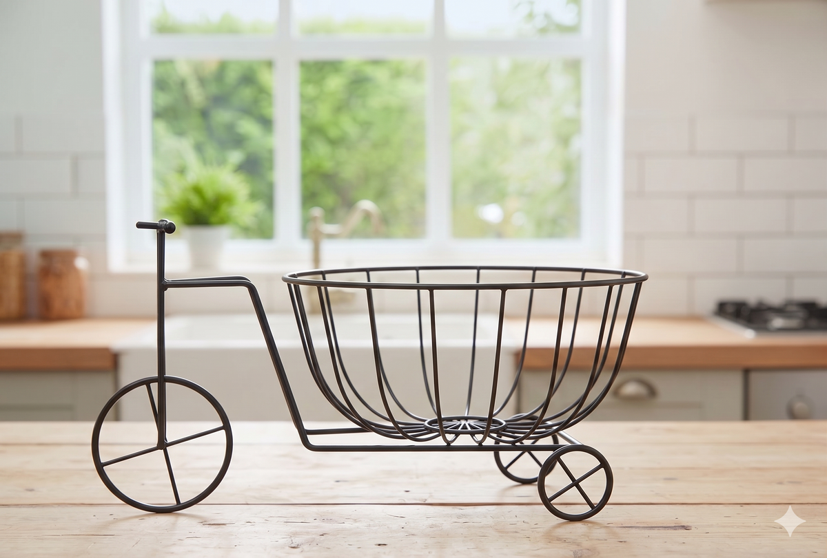 Luxury Bicycle Style Rectangular Metal Fruit Basket – Premium Decorative Kitchen Storage & Centerpiece Rack (Golden & Black)