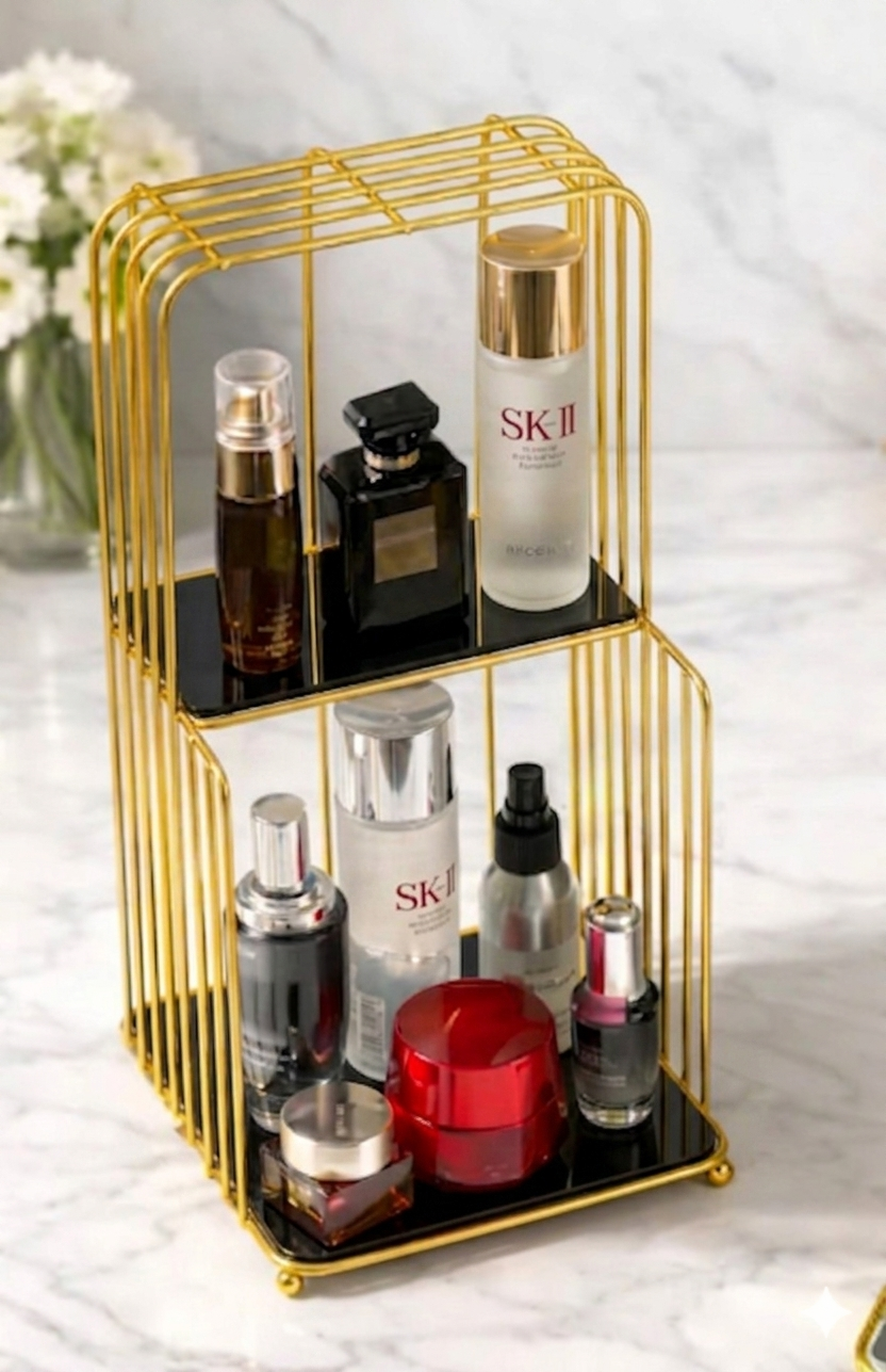 Luxury Gold Metal Skincare & Cosmetic Organizer – 2-Tier Birdcage Style Makeup Vanity Shelf
