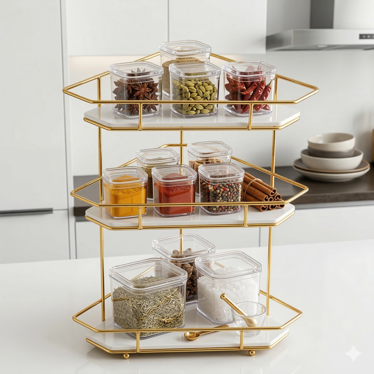 Luxury 3-Tier Corner Storage Rack – Shiny Gold & Black Acrylic Finish for Kitchen, Dressing Table & Cosmetics
