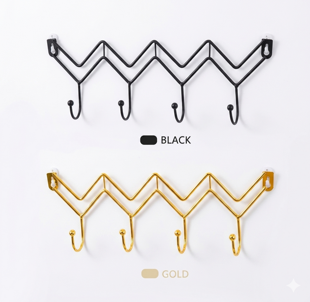 1pc Creative Wall Rack Clothes Storage Rack Hook Modern Zig-Zag Wall Hook Organizer – Minimalist Metal Hanger for Keys, Coats & Accessories