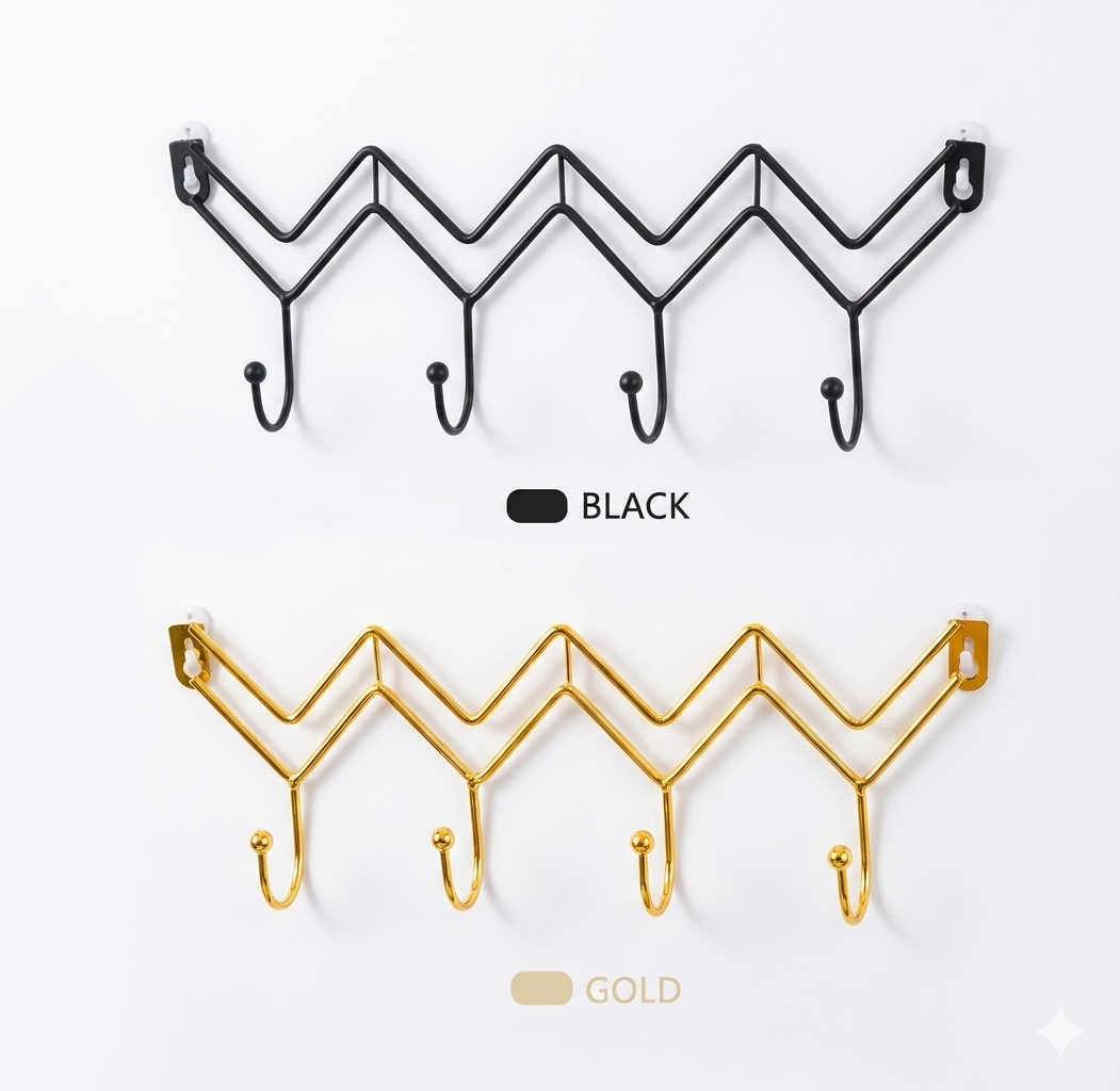 1pc Creative Wall Rack Clothes Storage Rack Hook Modern Zig-Zag Wall Hook Organizer – Minimalist Metal Hanger for Keys, Coats & Accessories