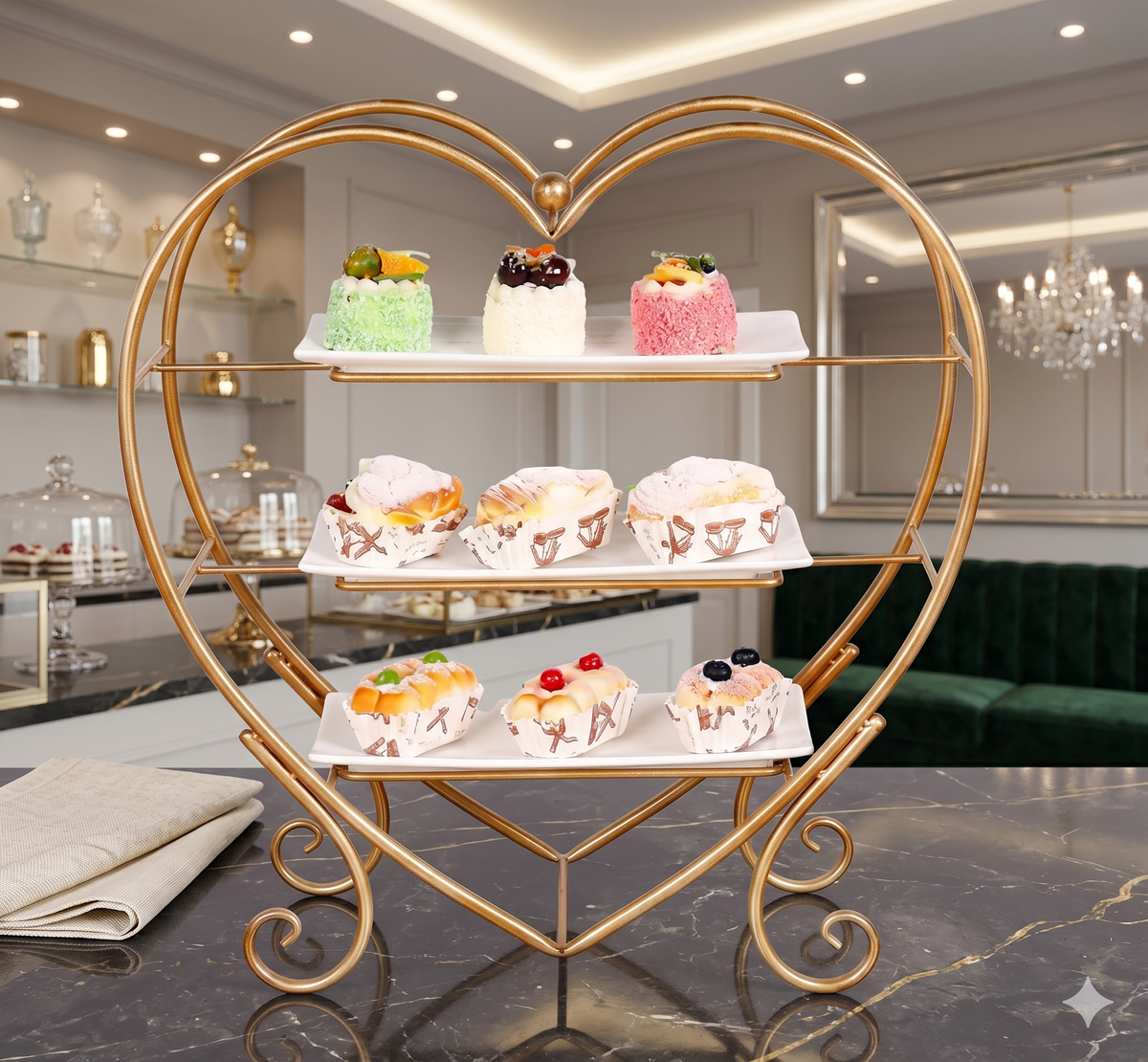 Luxury 3-Tier Heart-Shaped Serving Stand – Elegant Golden Metal Rack with White Ceramic Platters for High Tea, Desserts & Events