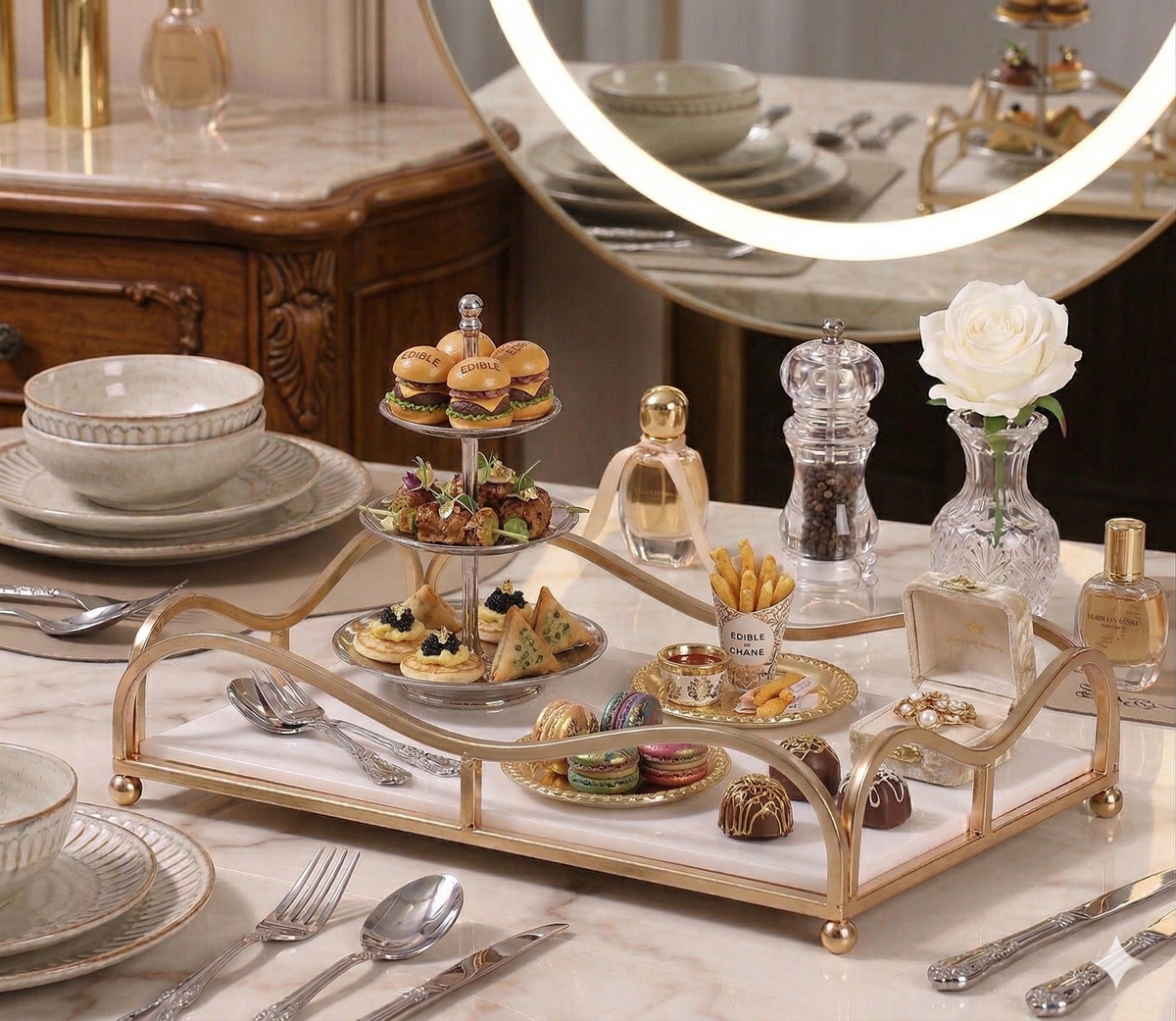 Luxury Gold Vanity Tray with Acrylic Base – Mirror-Finish Single-Tier Makeup, Perfume & Skincare Organizer