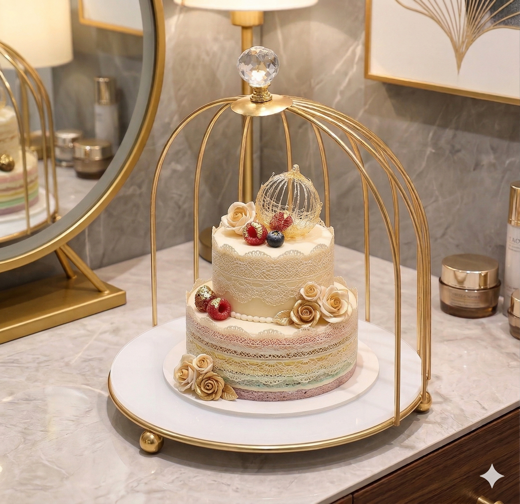 2tier Luxury Golden Birdcage Cosmetic Organizer – Premium Metal Makeup & Perfume Display Stand with White Marble Acrylic Base