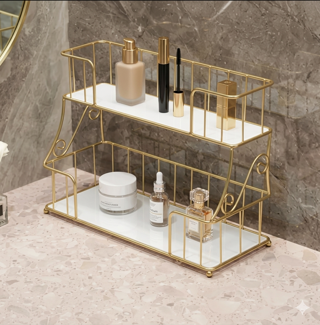 Premium 2-Tier Golden Cosmetic Organizer – Luxury Dressing Table Storage Rack with White Acrylic Base