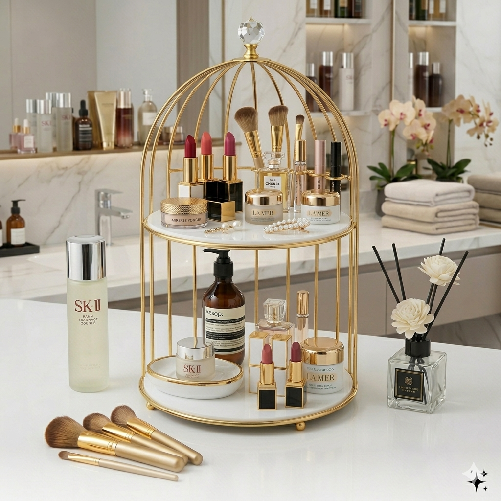 3-Tier Multi-Purpose Golden Luxury Display Rack for Fast Food, Desserts & Cosmetic Organization