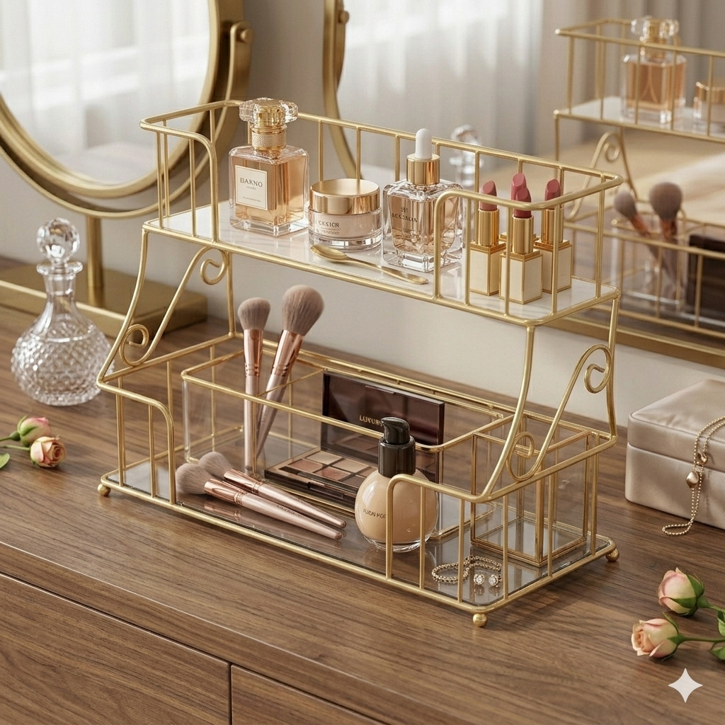 Premium 2-Tier Golden Cosmetic Organizer – Luxury Dressing Table Storage Rack with White Acrylic Base