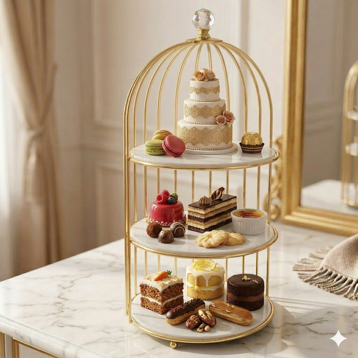singel tier Luxury Golden Birdcage Cosmetic Organizer – Premium Metal Makeup & Perfume Display Stand with White Marble Acrylic Base