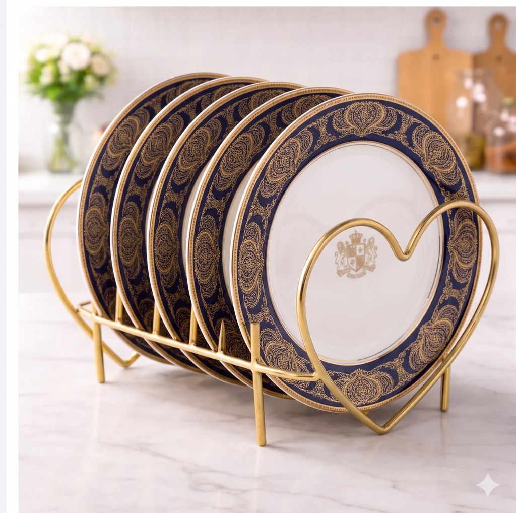 Luxury Heart-Shaped Golden Plate Rack – Premium Metal Dish Organizer & Decorative Table Centerpiece for Dining & Kitchen