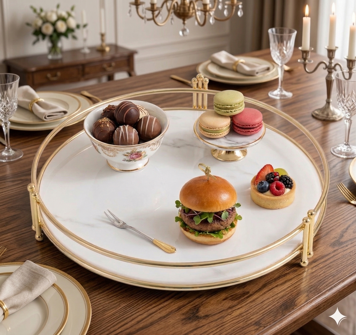 Luxury Round Golden Vanity Tray | Premium White Acrylic Base Organizer for Makeup, Perfumes & Dining Display (Rust-Proof Metal)