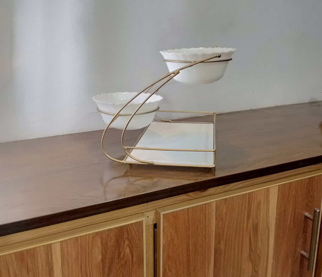 Luxury 2-Bowl & Tray Gold Serving Stand – Elegant Metal Rack with Glass Bowls for Snacks & Dry Fruits