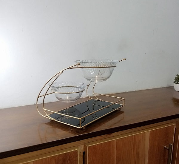 Luxury 2-Bowl & Tray Gold Serving Stand – Elegant Metal Rack with Glass Bowls for Snacks & Dry Fruits