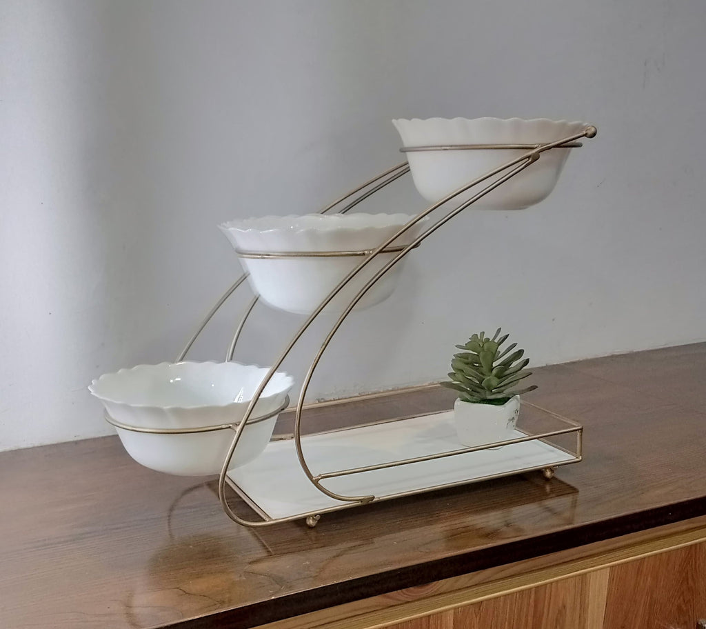 Luxury Multi-3Tier Gold Serving Stand – Elegant Fruit Bowl Set with 3 Decorative Glass Bowls & Square Snack Trays