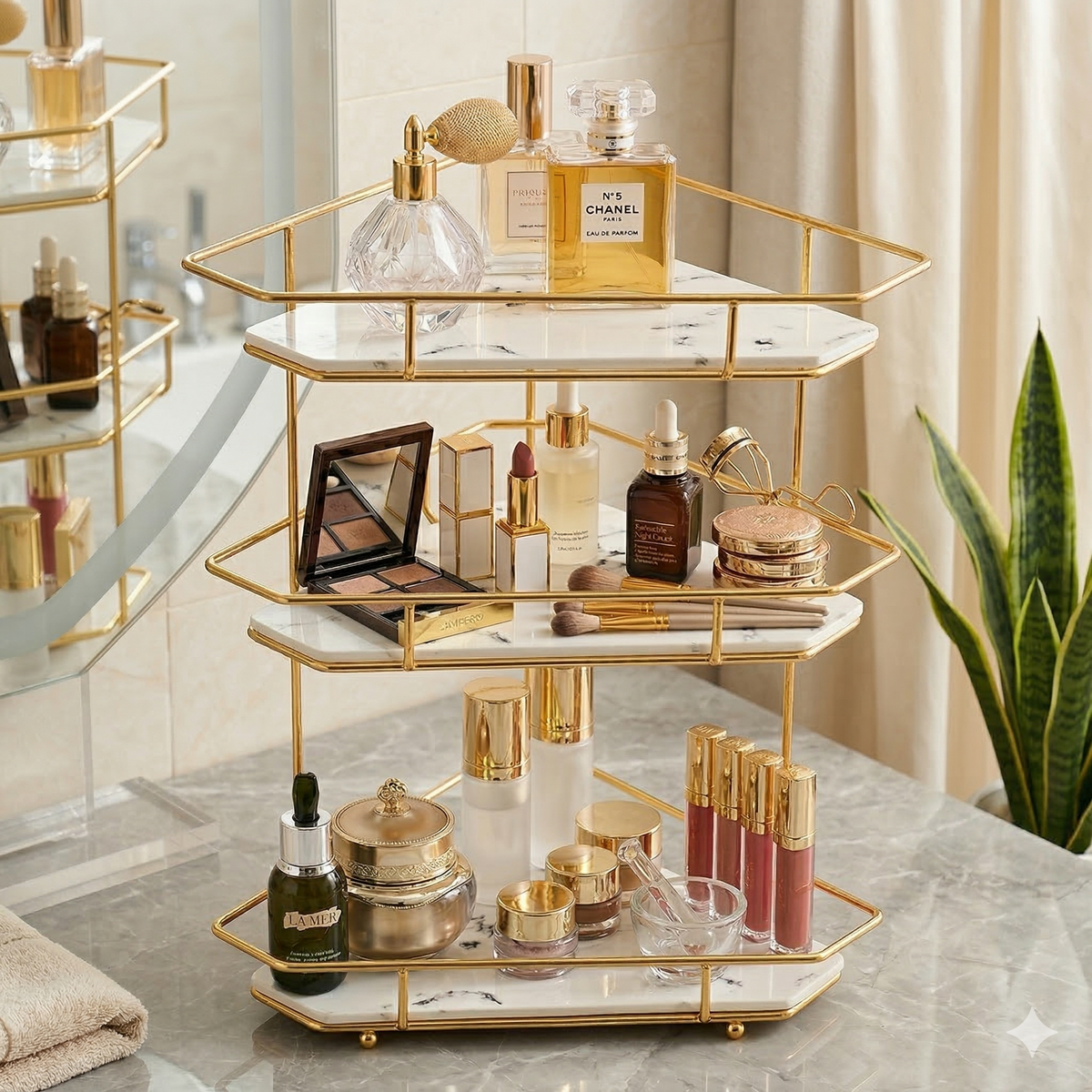 Luxury 3-Tier Corner Storage Rack – Shiny Gold & Black Acrylic Finish for Kitchen, Dressing Table & Cosmetics