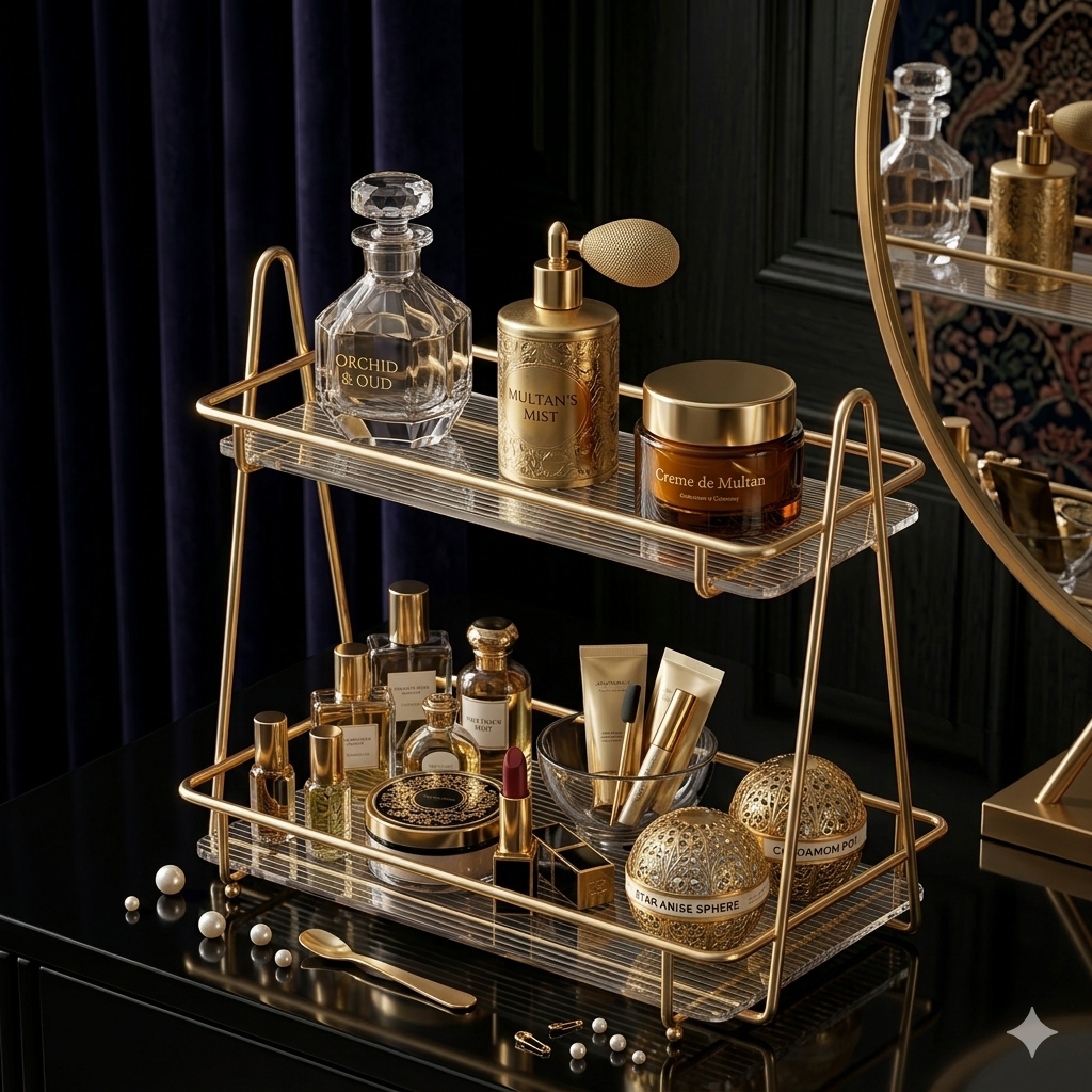 Luxury 2-Tier Gold Display Rack - Multipurpose Metal Organizer for Dessert, Perfume & Cosmetics
