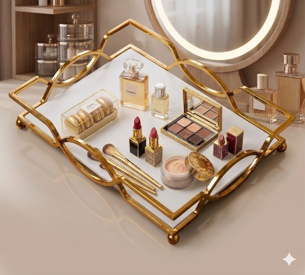 Luxury Gold Vanity Tray with – Elegant Makeup, Perfume & Jewelry Organizer for Dressing Table