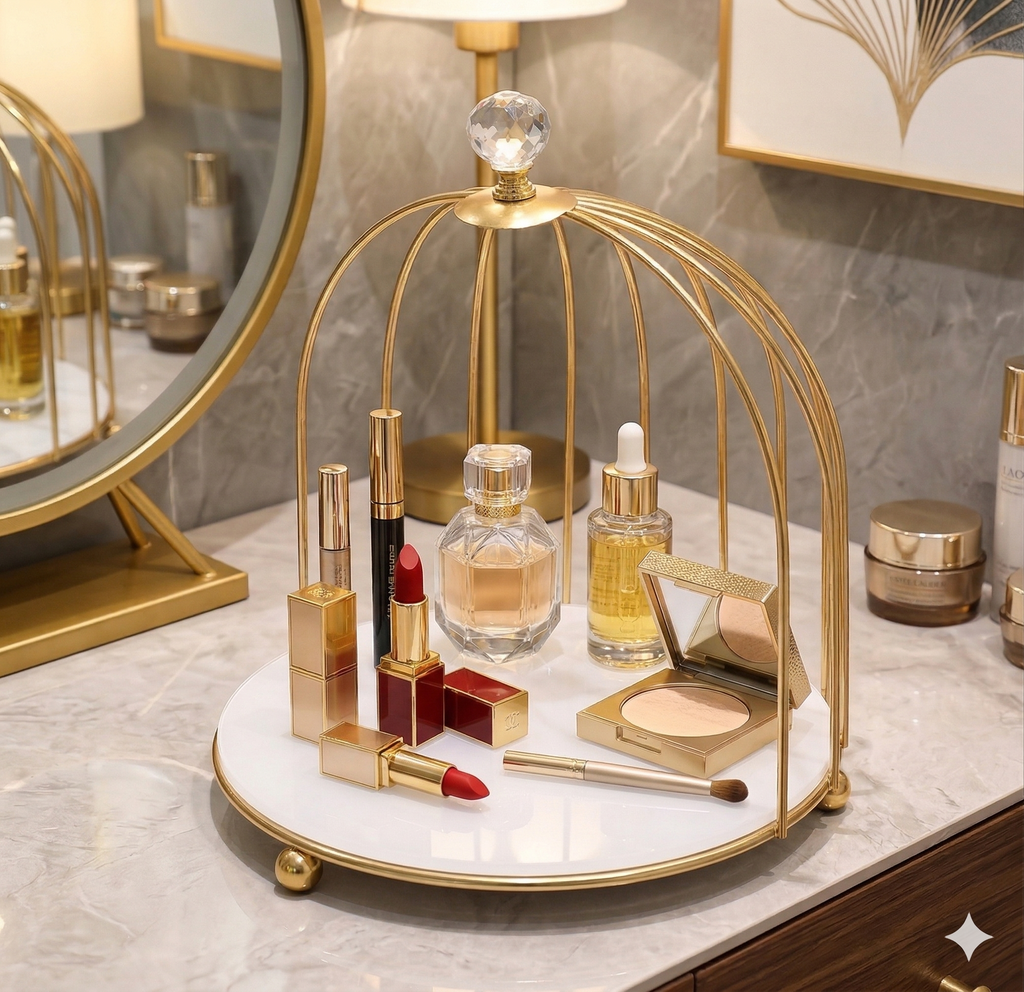 singel tier Luxury Golden Birdcage Cosmetic Organizer – Premium Metal Makeup & Perfume Display Stand with White Marble Acrylic Base