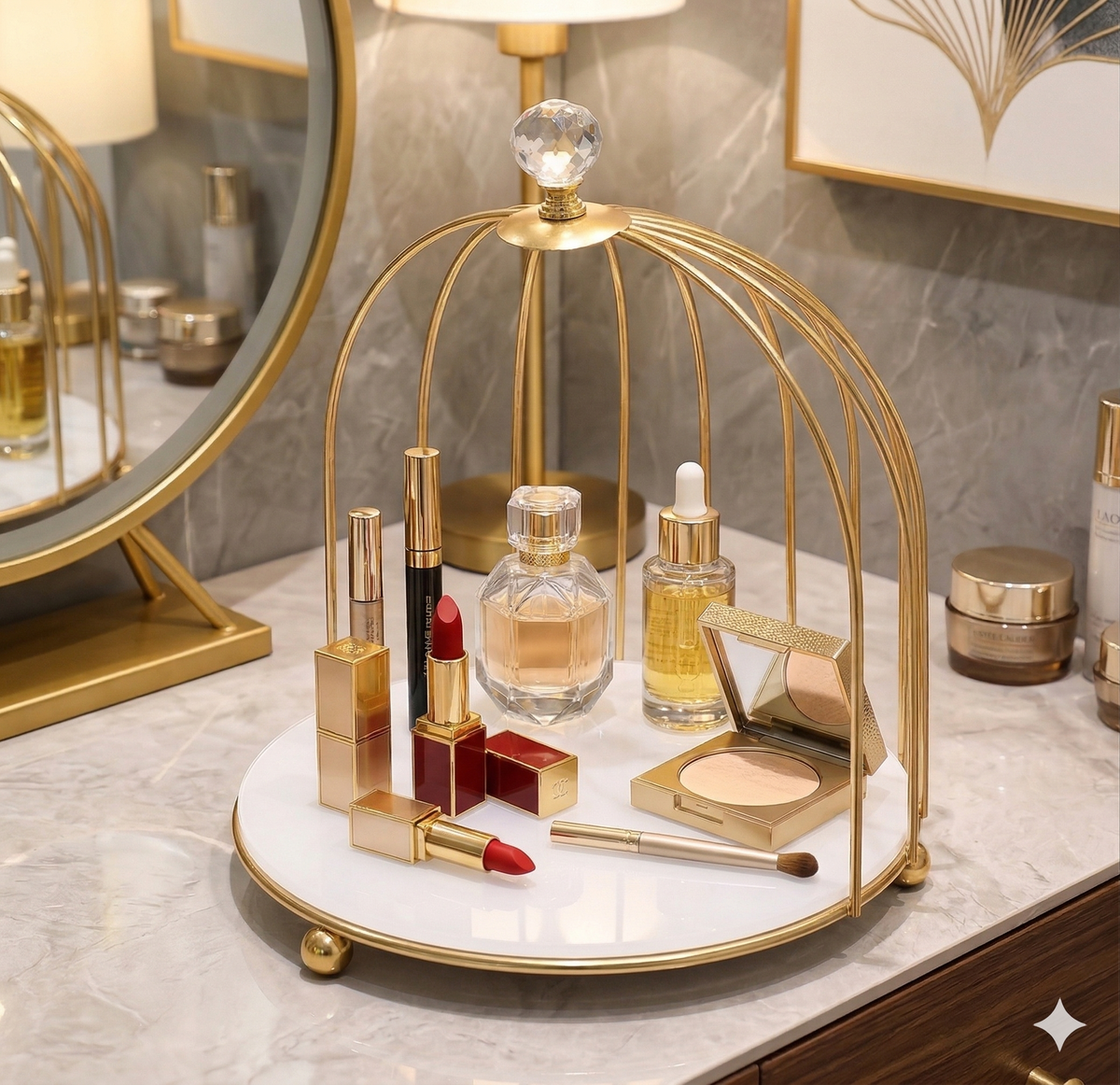 singel tier Luxury Golden Birdcage Cosmetic Organizer – Premium Metal Makeup & Perfume Display Stand with White Marble Acrylic Base