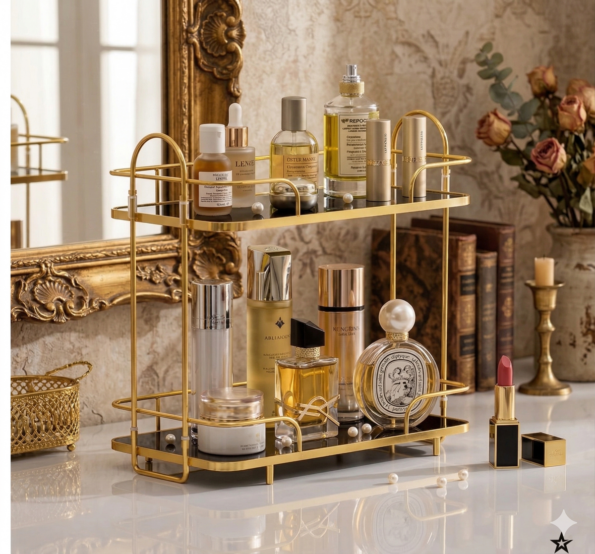2-Tier Golden Rectangular Organizer | Premium Multi-Purpose Rack for Cosmetics, Perfumes & Dining Table Display (Rust-Proof & Stylish)