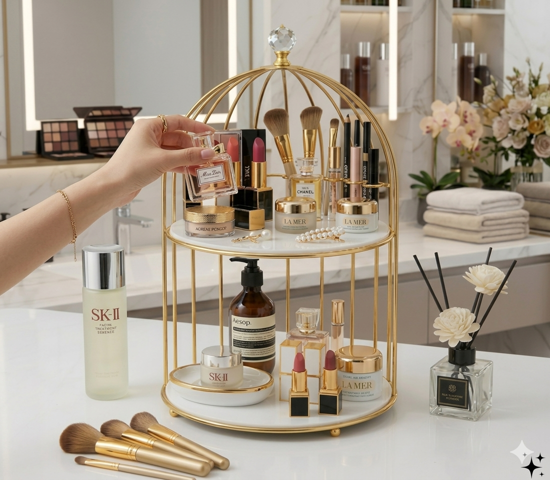 2tier Luxury Golden Birdcage Cosmetic Organizer – Premium Metal Makeup & Perfume Display Stand with White Marble Acrylic Base