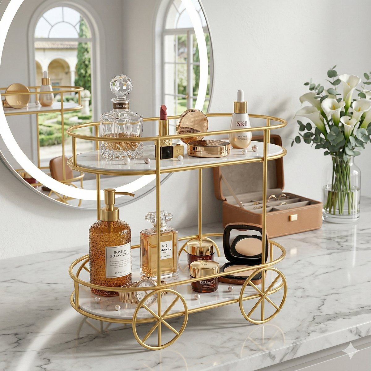 2-Tier Trolley Shape Golden Rack – Cake Stand, Pastry Stand & Cosmetic Organizer