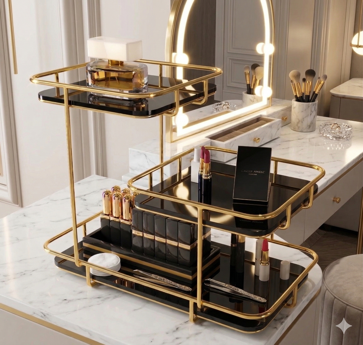 Premium 3-Tier Golden & White Acrylic Cosmetic Organizer – Luxury Vanity Storage Rack for Perfumes & Jewelry