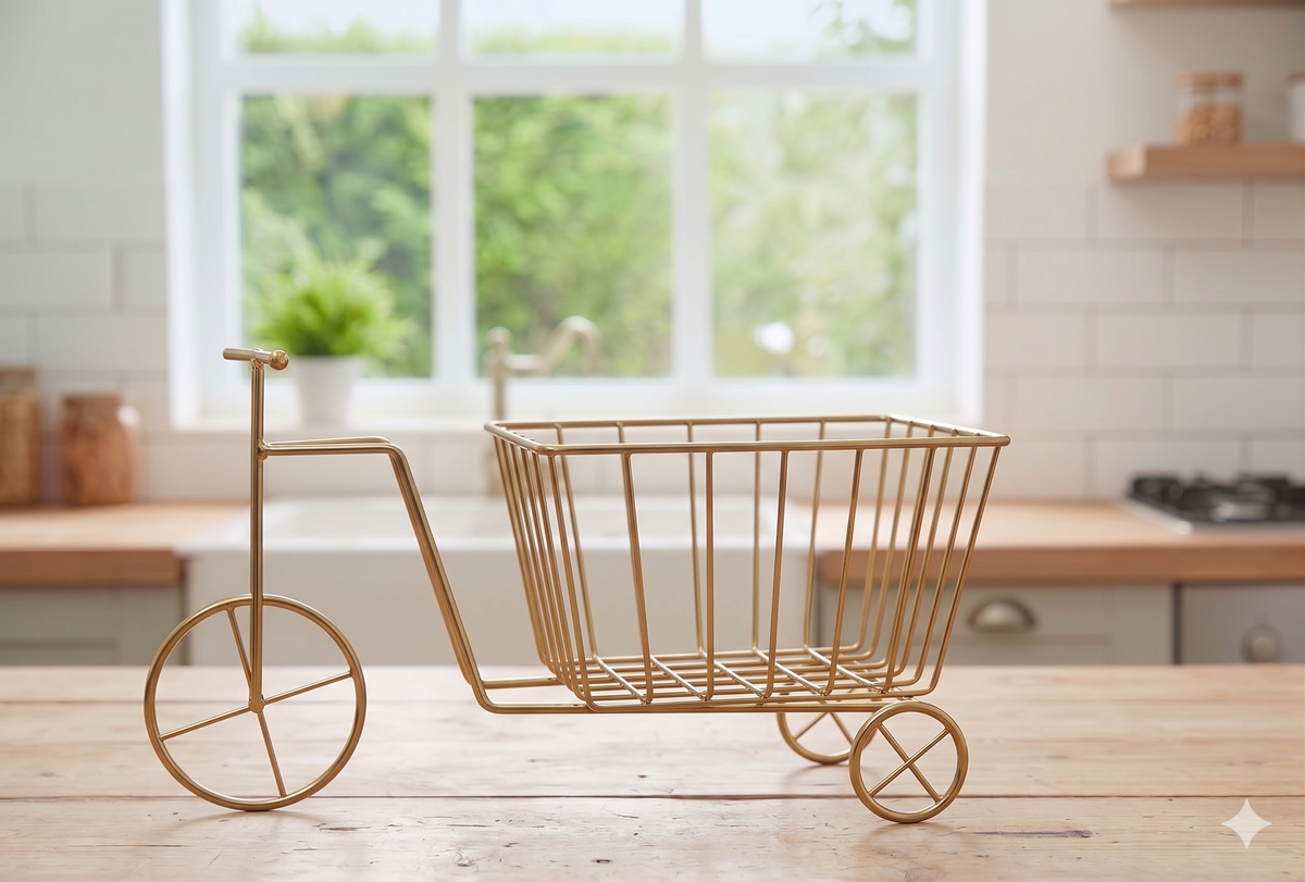 Luxury Bicycle Style Rectangular Metal Fruit Basket – Premium Decorative Kitchen Storage & Centerpiece Rack (Golden & Black)