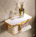 Premium Wall-Mounted Luxury Tissue Box Holder & Cosmetic Shelf – Shiny Gold Metal Frame with Black Acrylic Top – Multi-Purpose Bathroom & Vanity Organizer