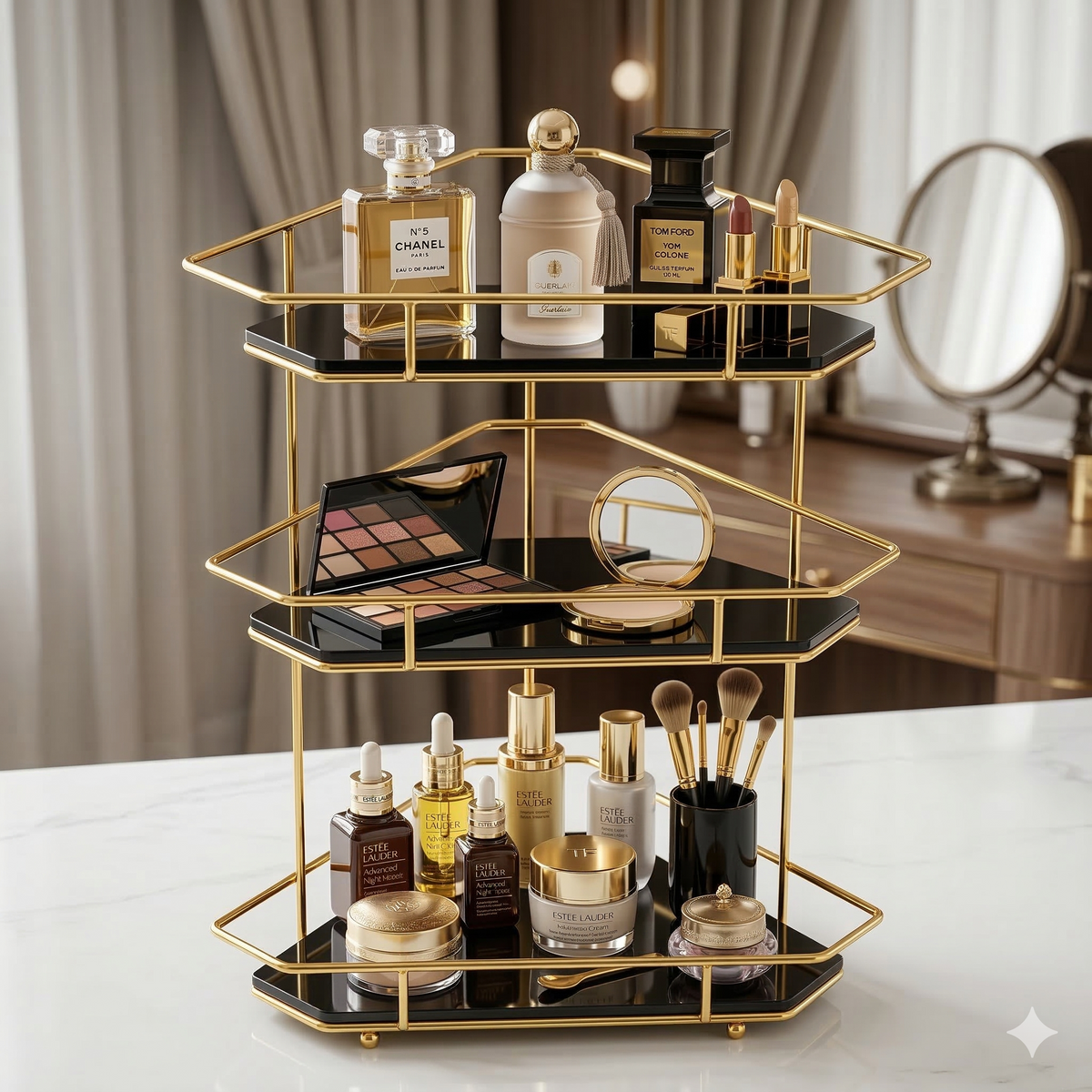 Luxury 3-Tier Corner Storage Rack – Shiny Gold & Black Acrylic Finish for Kitchen, Dressing Table & Cosmetics